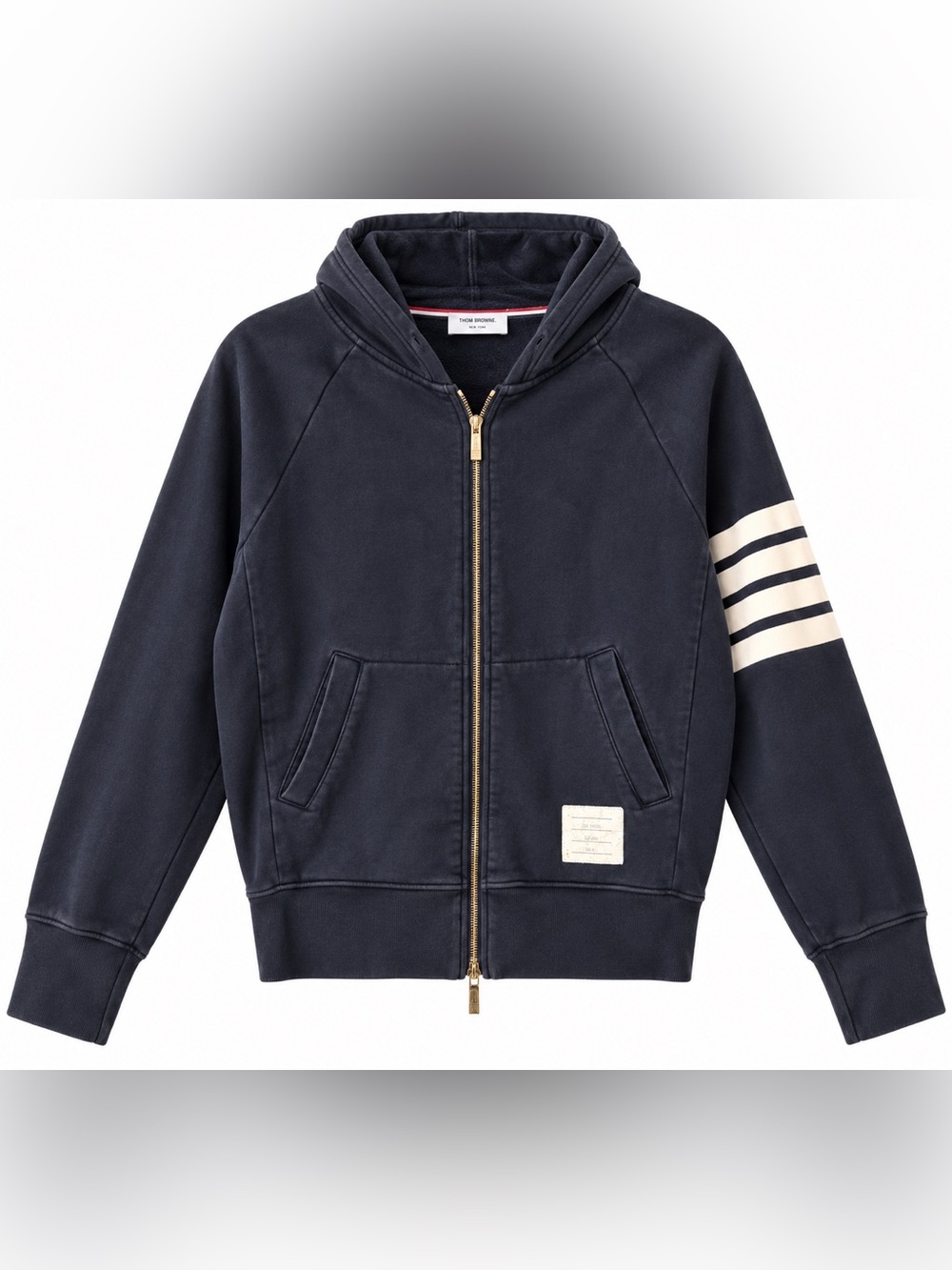 Thom Browne Navy Zip Hoodie with Cream Arm Stripes